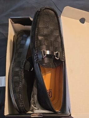 Men's Black Checker-Pattern Slip-On Loafers with Silver Bit